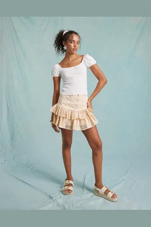 Miss Selfridge Broderie hem contrast denim mini skirt in ecru