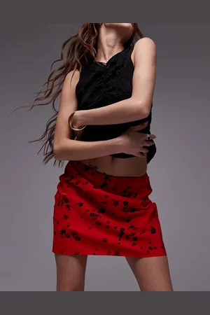 Topshop Bias mini skirt in red & black floral