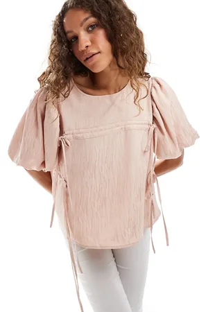 Ghospell Ruched drawstring top in beige