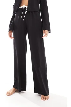 Kaiia Linen contrast trim wide leg drawstring beach trousers co-ord in