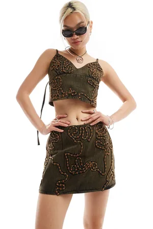 COLLUSION Festival micro mini skirt co ord with corded embroidery in chocolate