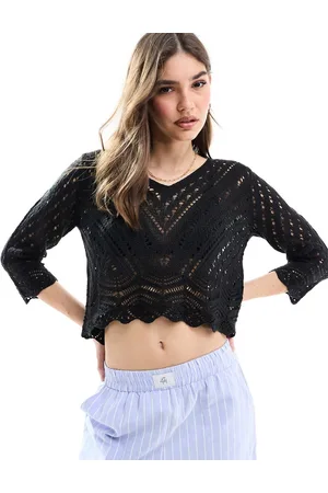 JDY Open knit scallop edge top in