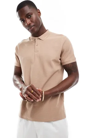 Threadbare Jersey polo shirt in tan with ribbed collar