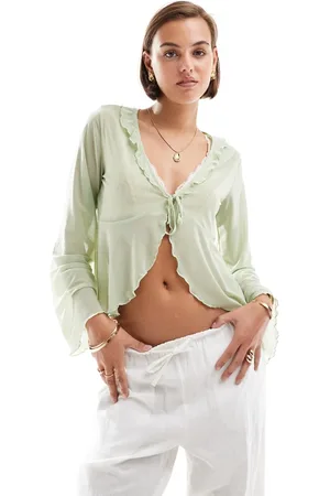 JDY Frill chiffon tie front top in sage
