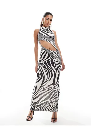 Murci High neck sleeveless slash waist maxi dress in zebra print