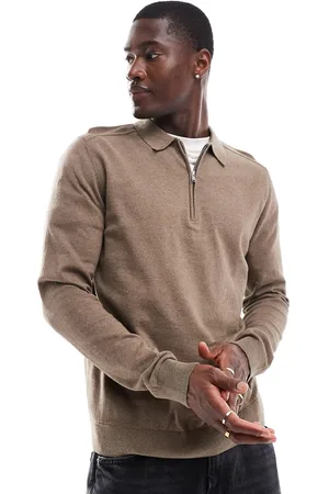 SELECTED Half zip long sleeve polo shirt in tan