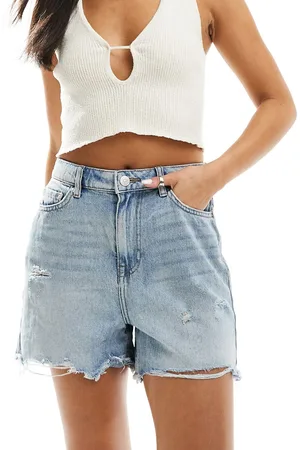 Pieces® Frayed bottom denim shorts in light