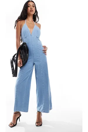 River Island Halter denim jumpsuit in lightwash