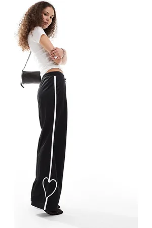 Monki Heart stripe straight leg track pant trouser in with white stripes