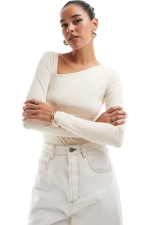 Threadbare Stretch bodysuit with slash neck in ecru