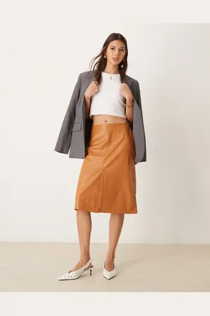 ASOS Faux leather split front midi skirt in tan