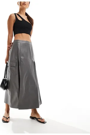 ASOS Faux leather pocket detail pleated midi skirt in grey