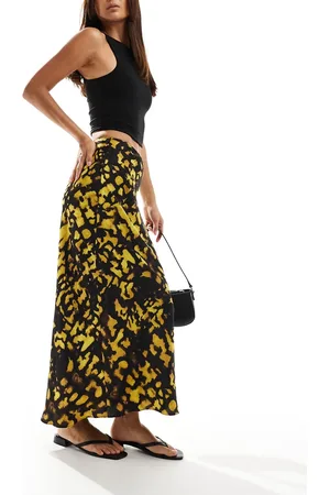 ASOS Satin bias midi skirt in yellow and black splodge print