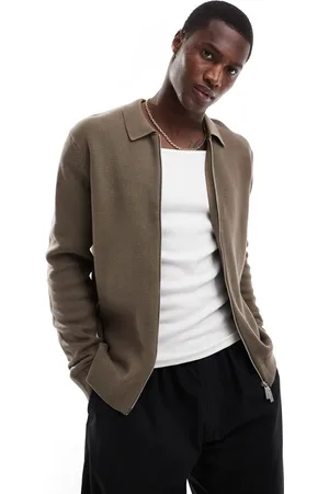 SELECTED Zip thru knitted long sleeve polo shirt in tan