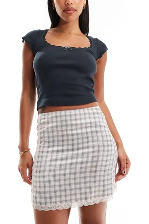 Monki Mini satin lace skirt in check