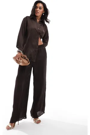 River Island Plisse satin wide leg trouser co-ord in dark