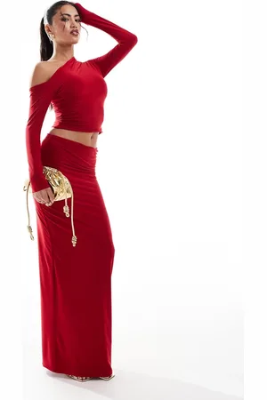 Kaiia Slinky ruched folded waist column maxi skirt co-ord in red