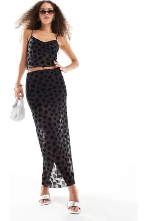 Monki Co-ord double layer mesh flock velvet maxi skirt in