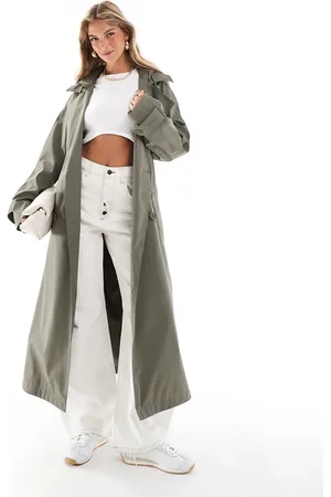 ASOS Rubberised rain hooded trench coat with belt detail in khaki