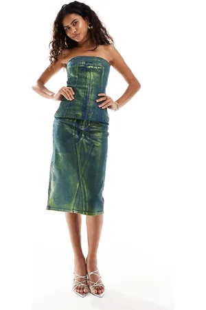Amy Lynn Foil coated denim midi skirt co-ord