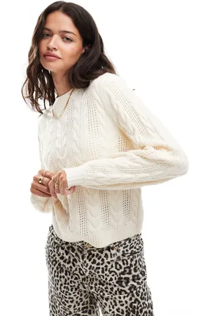 ONLY Round neck cable knit jumper in cream