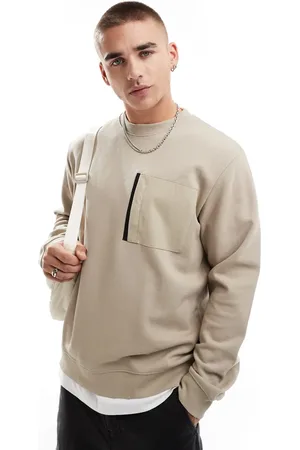 JACK & JONES Oversized washed crew neck sweat with nylon pocket in beige