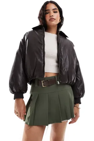 Stradivarius STR cropped faux leather puffer jacket in chocolate