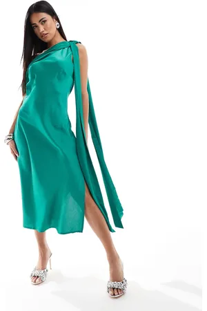 In The Style X Terrie McEvoy satin one shoulder drape midi dress in emerald