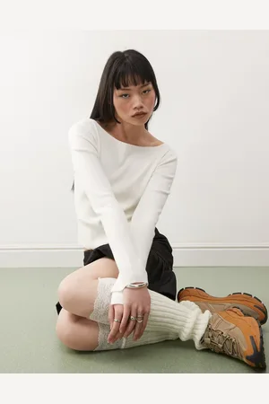 COLLUSION Ribbed slash neck fine gauge jumper in ecru