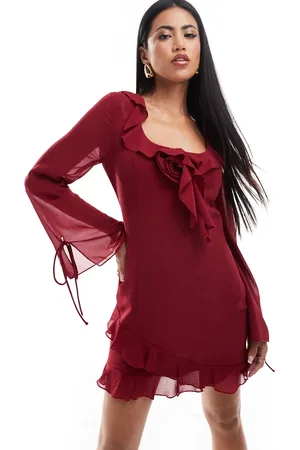 Love Triangle Chiffon mini dress with corsage detail in merlot