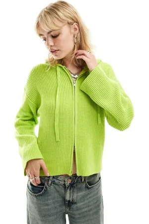 Monki Knitted rib hoodie zip up cardigan in lime