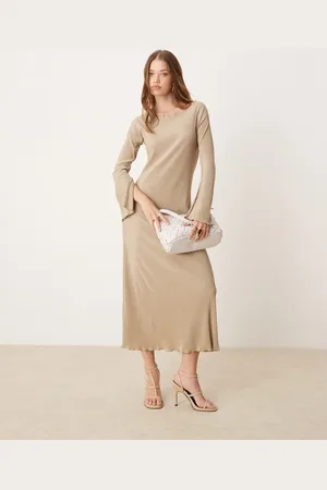 JDY Bell sleeve plisse maxi dress in stone