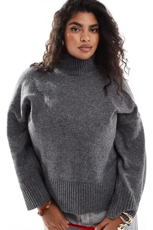ASOS ASOS DESIGN Curve knitted high neck jumper with turn back cuffs in charcoal