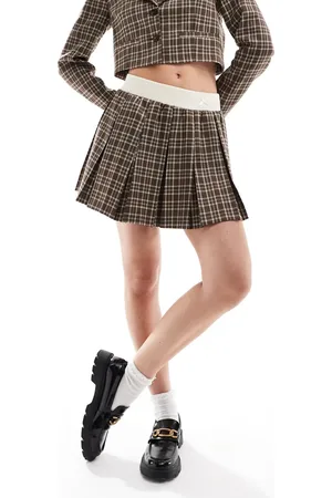 Miss Selfridge Tailored rib trim pleated mini skirt in check in brown check co ord