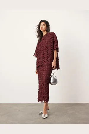 ASOS Floral cutwork column midi skirt co-ord in burgundy