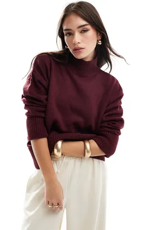 ASOS Knitted high neck jumper with turn back cuffs in burgundy