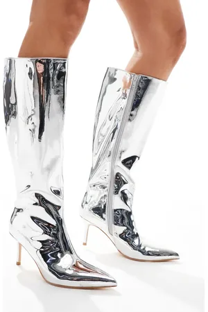 Public Desire Amped kitten heel straight leg pointed knee boots in mirror