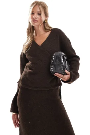 4th & Reckless Wool mix fluffy knit tie side cardigan co-ord in chocolate
