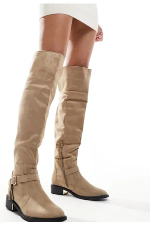 SEQWL Over the knee flat boots with tassle in taupe