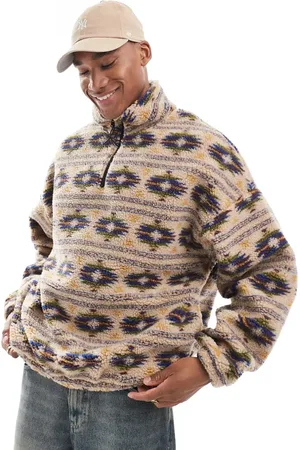 JACK & JONES Printed heavy borg quarter zip in beige