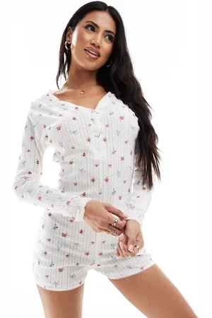 Kaiia Button through pointelle all in one unitard in cream ditsy