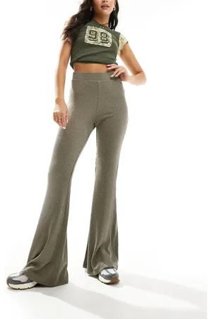 Monki Two-tone rib jersey flare leg trousers in khaki