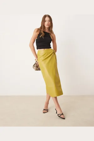 Never Fully Dressed PU wrap midi skirt in olive