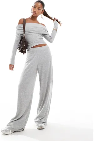 Kaiia Kaia ribbed wide leg ribbed trousers co-ord in light marl