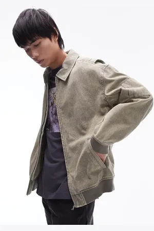 Topman Relaxed fit washed denim bomber jacket in khaki