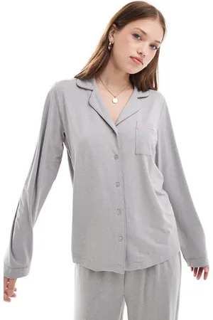 Loungeable Super soft jersey revere top and wide leg pyjama set with piping detail in marl