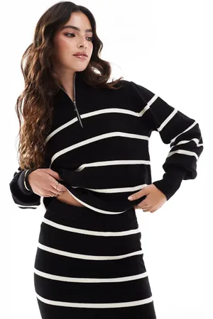 Y.A.S Zip neck knitted pullover co-ord in with cream stripes