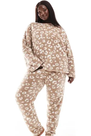 Loungeable Curve cosy sherpa twosie nightwear set in taupe