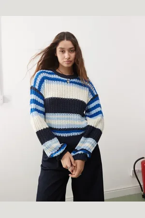Noisy May Chunky open knit jumper in cream & blue stripe