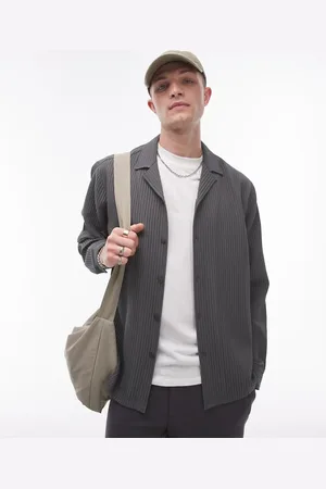 Topman Long sleeve regular fit revere plisse shirt in charcoal